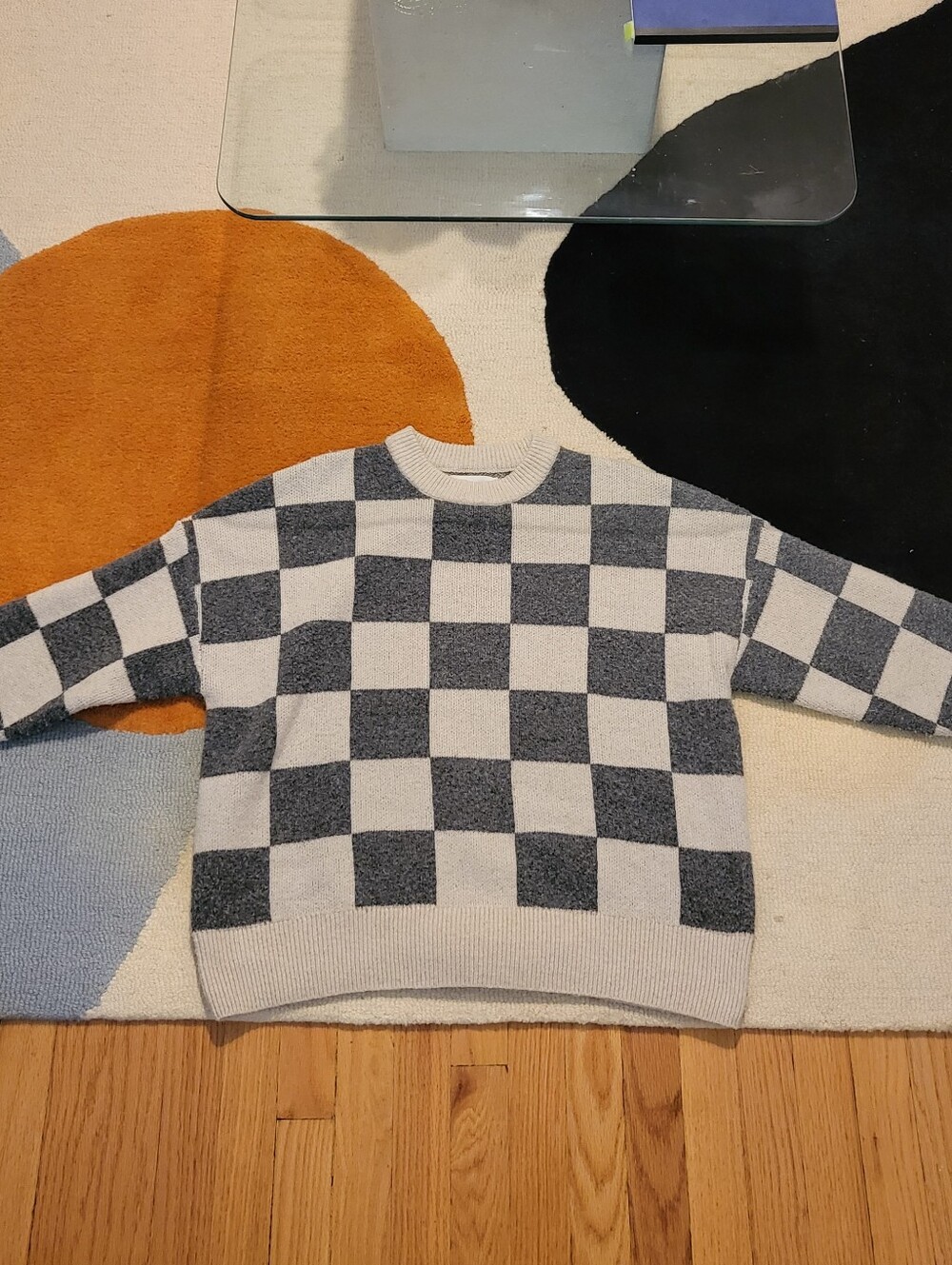 OAK + FORT Checkerboard Crewneck Sweater in Gray and Cream